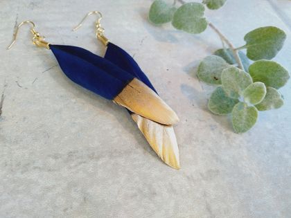 Navy Blue with Gold Real Feather Earrings