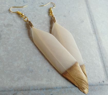 Bone White and Gold Feather Earrings