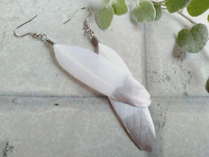 White with Silver Handcrafted Feather Earrings