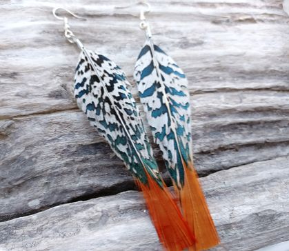 White and Iridescent Green with Orange Earrings 