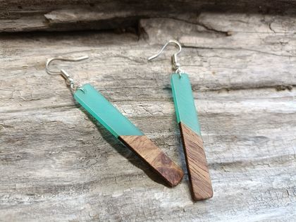 Iridescent Teal and walnut wood Earrings 