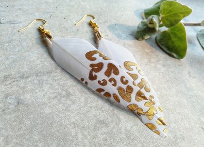 White with Gold Leopard Print Real Feather Earrings