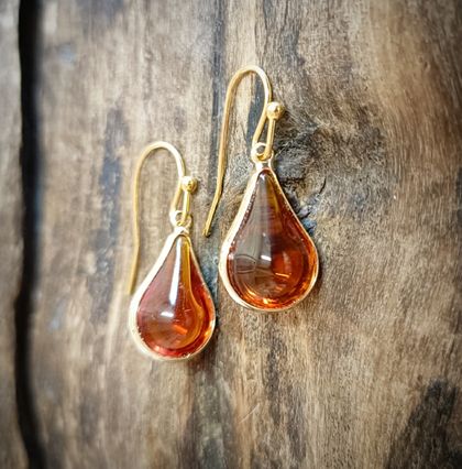 Amber Glass Tear Drop Gold Plated Earrings.