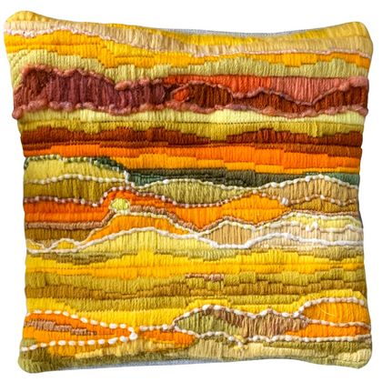 Sunshine on Fields of Gold cushion: unique fibre art