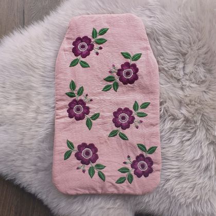 Hand Embroidered Hot Water Bottle Cover - Purple Wild Roses on Dusty Pink