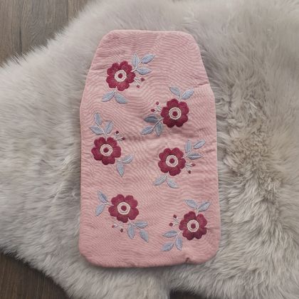Hand Embroidered Hot Water Bottle Cover - Purple Wild Roses on Dusty Pink