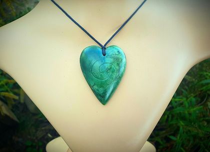 New Zealand Greenstone or Pounamu Heart pendant~ Hand engraved Maori Koru Love design