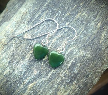 Greenstone New Zealand Pounamu Heart earrings~ On sterling silver ear hooks