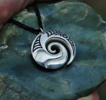 Sterling silver Wave Koru Pendant on black adjustable cord~Ocean lovers pendant