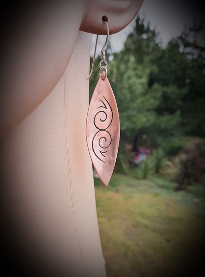  Etched Copper~ Long leaf earrings with Maori koru engravings~hand crafted