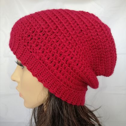 100% Wool Crochet Unisex Oversized Beanie - Red