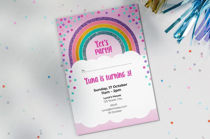 Rainbow party birthday invitations - 12 printed invitations