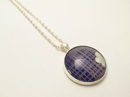 Japanese Washi Paper, Glass Cabochon Necklace-Royal Blue, Gold Hatching, Silver Cherry Blossoms- 30mm