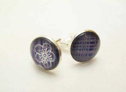 Glass cabochon cuff links- Royal blue, gold cross hatching, silver cherry blossom Washi paper- 18mm