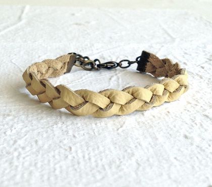 Recycled leather braided bracelet in pale yellow