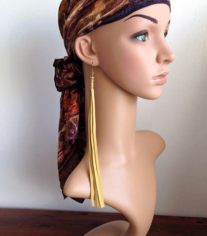 Long leather tassel earring in yellow