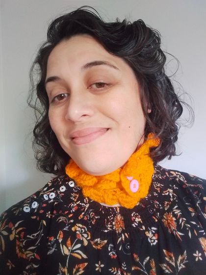 Tangerine Orange Perendale Wool Frilly Victorian-esque Neck Warmer with Fuchsia Buttons - Button-up - CUSTOM MADE TO ORDER