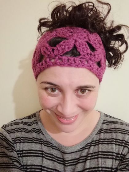 Soft'n'Chunky Plum Wool Tapa Flower Wide Crochet Headwrap/Neckwarmer