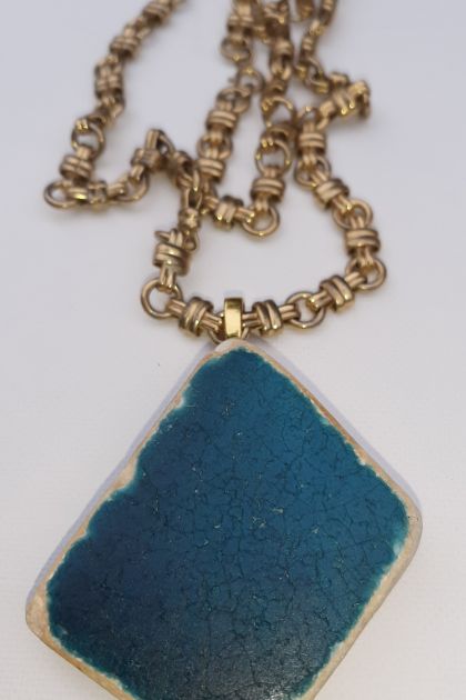 Large aqua blue beach found pottery tile pendant