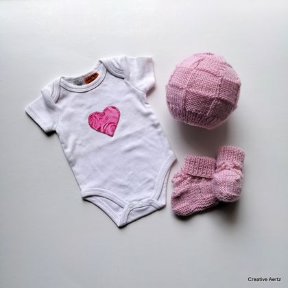 Pink Hat, Bootie (Wool) & Body Suit Set - 0-3 Months