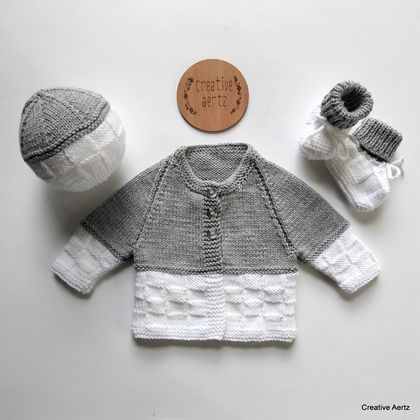 Hand Knitted Grey and White Set (0-3 Months) (Acrylic)