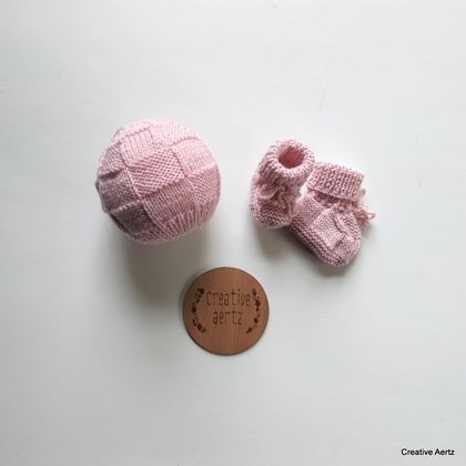 Pink Basketweave Hat & Bootie Set (100% Wool) - 0-3 Months