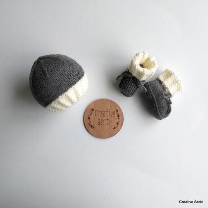 Dark Grey & Cream Cable Hat & Bootie Set (Acrylic) - 0-3 Months