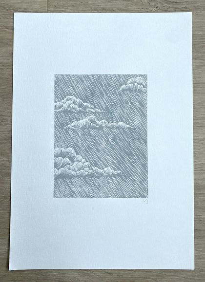 Rain (grey). Lino print.