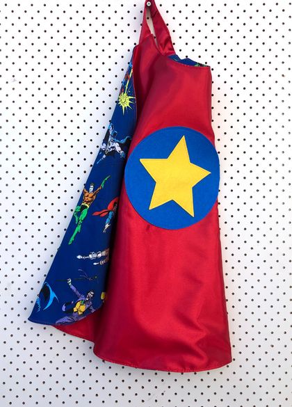 Kids Superhero Cape - Red with superheroes on blue background