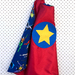 Kids Superhero Cape - Red with superheroes on blue background