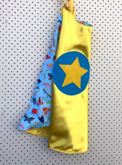 Kids Superhero Cape - yellow with bugs and insects