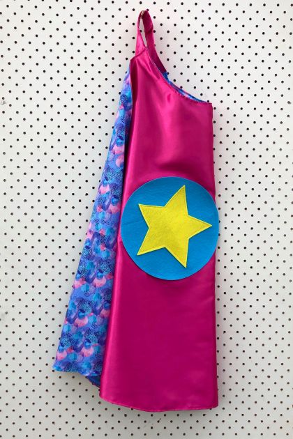 Kids Superhero Cape - pink with blue bold pattern