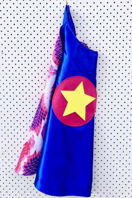 Kids Superhero Cape - Blue with red toned geometric pattern