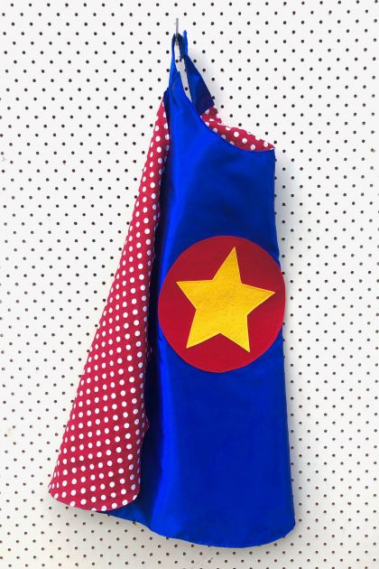 Kids Superhero Cape - Blue with red and white spots