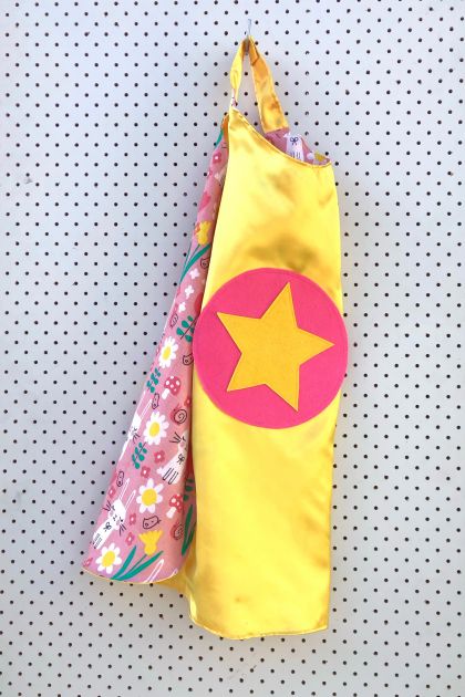 Kids Superhero Cape - yellow with bunnies and flowers