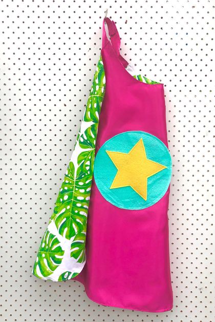 Kids Superhero Cape - pink with monstera leaves