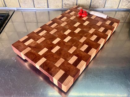 Rimu and Kahikatea end grain chopping board with handles