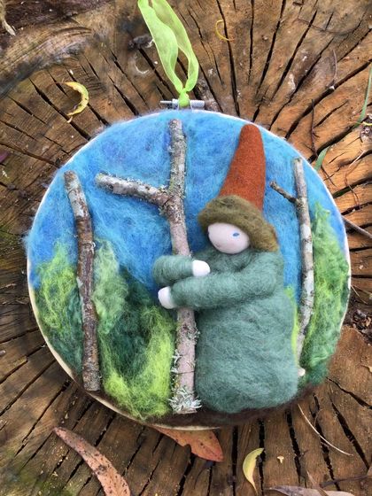  Wool needle felted gnome hugging a tree - New Zealand wool - Hand sewn cotton face