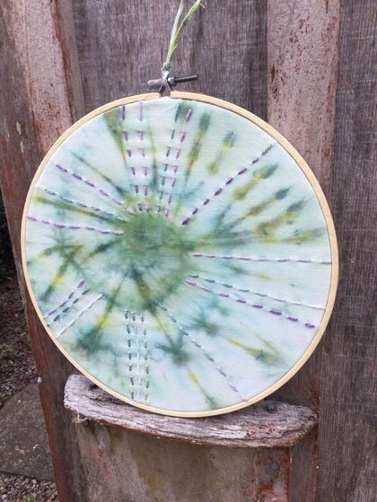 Hand dyed cotton with hand stitching - Wool circle wooden hoop art