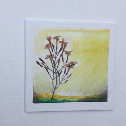 Original landscape  painting with a pressed leaf in acrylic on canvas panel board -Mixed media