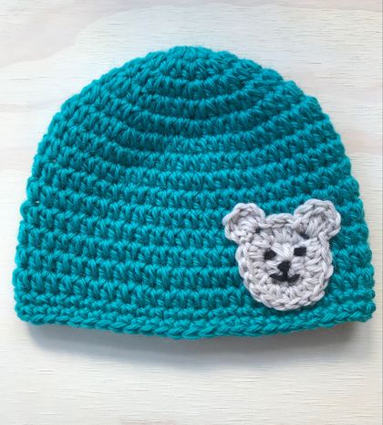Pure Wool Baby Hat -  Turquoise with Bear