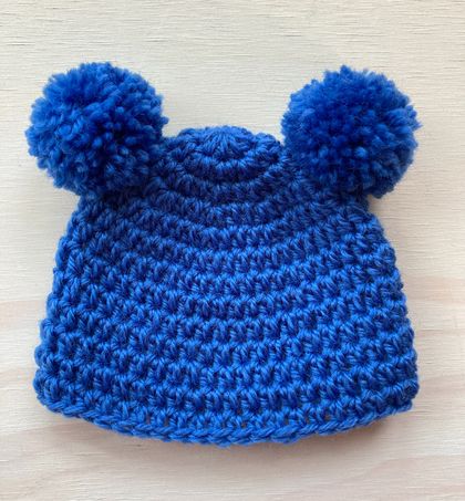 Pure Wool Baby Hat - Mid Blue with Pom Pom Ears