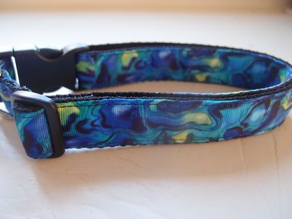 Handmade dog collars in blue paua 