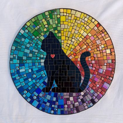 Round Mosaic Kitty / Cat with Rainbow background - Outdoor Garden Wall Art