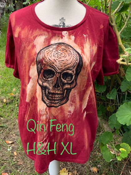 Skull printed T shirt with tie dye and linocut.