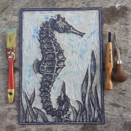 Seahorse original linocut print