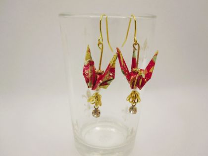 Origami Crane Earrings - Gold Red