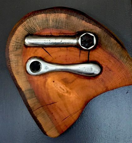 A pair of antique motorcycle spanners matched with plum wood, unique wall art 