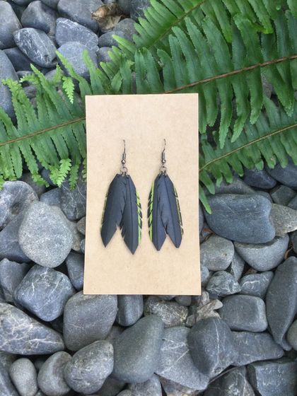 RereManu double feather Hihi  (stitchbird) inspired earrings 