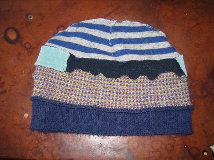 Knit Patchwork hat Large Blue